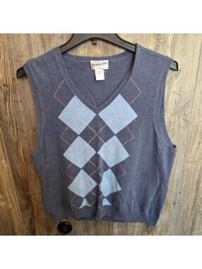 Pendleton V-Neck Pullover Sweater Vest 100% Cotton Size XL Blue Diamond Pattern